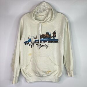 Vintage Wyoming White Hooded Sweatshirt Grunge Bison XL